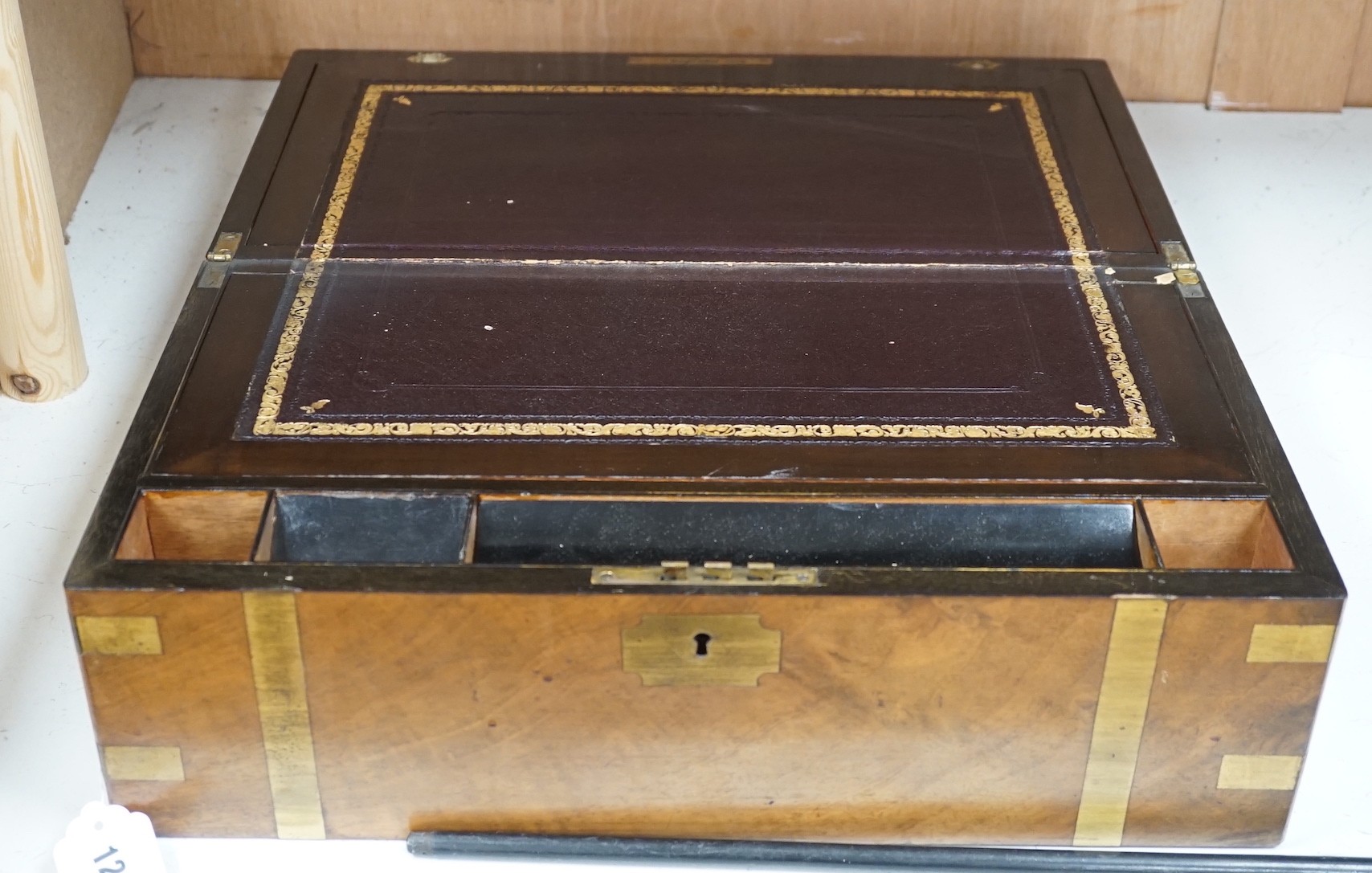 A 19th century mahogany brass bound writing slope, 45.5 cms wide x 18.5 cms high